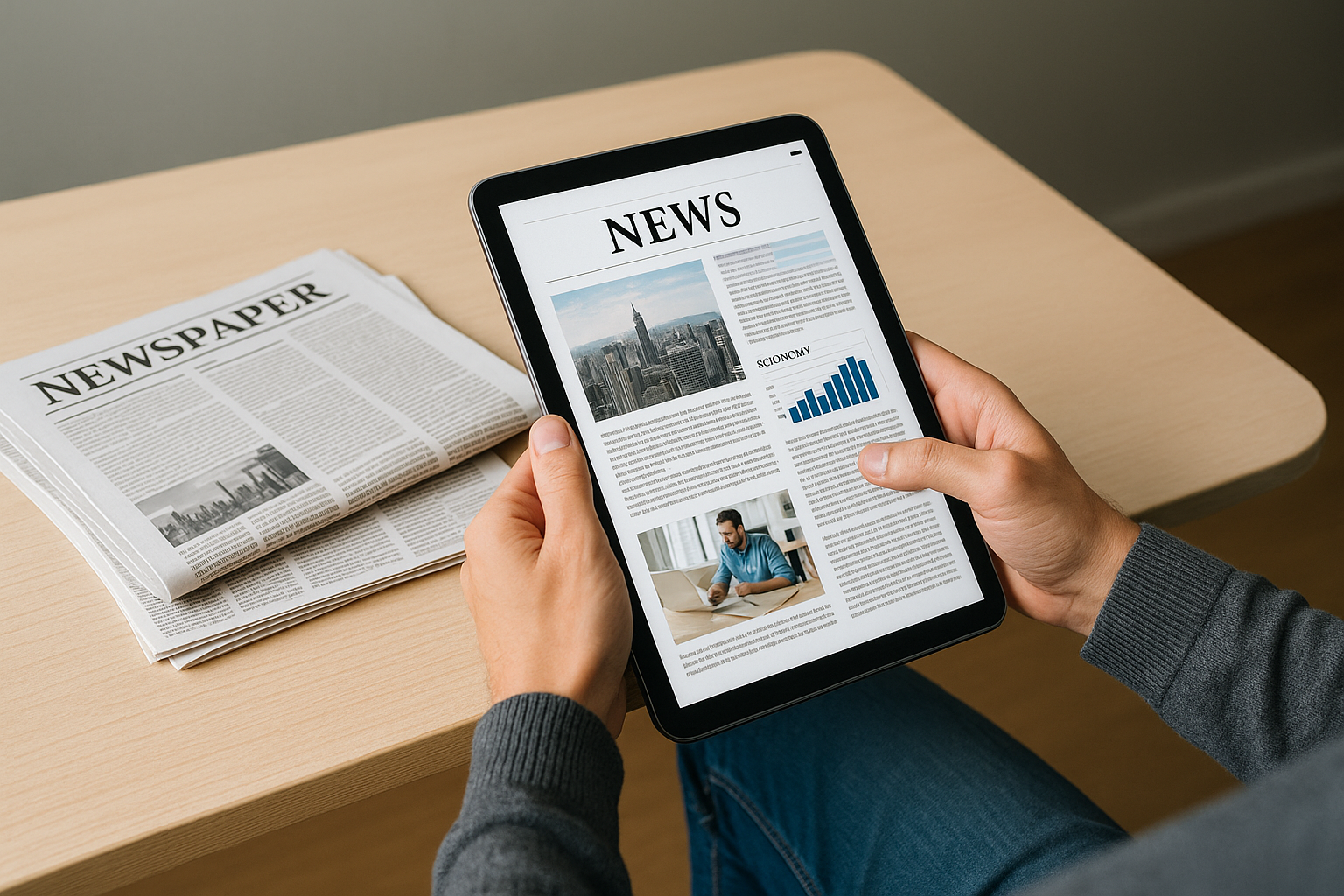 En person bläddrar genom en digital tidning på en surfplatta, medan tryckta tidningar ligger bredvid på bordet