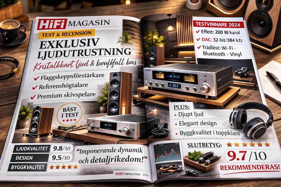 Uppslag i HiFi-magasin med recension av exklusiv ljudutrustning, med stora produktbilder, betyg och testkommentarer på en öppen tidningssida.